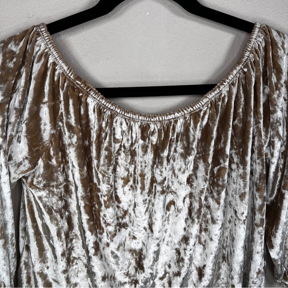 LARGE HOLLISTER BEIGE VELVET BLOUSE OFF SHOULDER PEASANT BOHO STRETCH NEUTRAL - Picture 3 of 10
